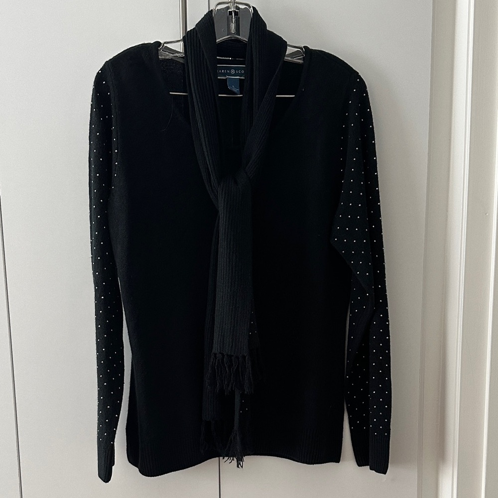 Elegant Black Sweater with attached Scarf